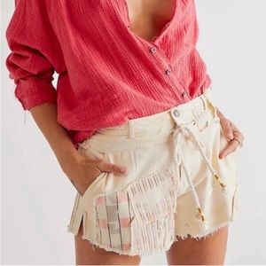 NWOT Free People distressed patchwork drawstring shorts linen cotton size 10